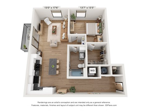 Floor plan for 1 bed, 1 bath, 953 sqft